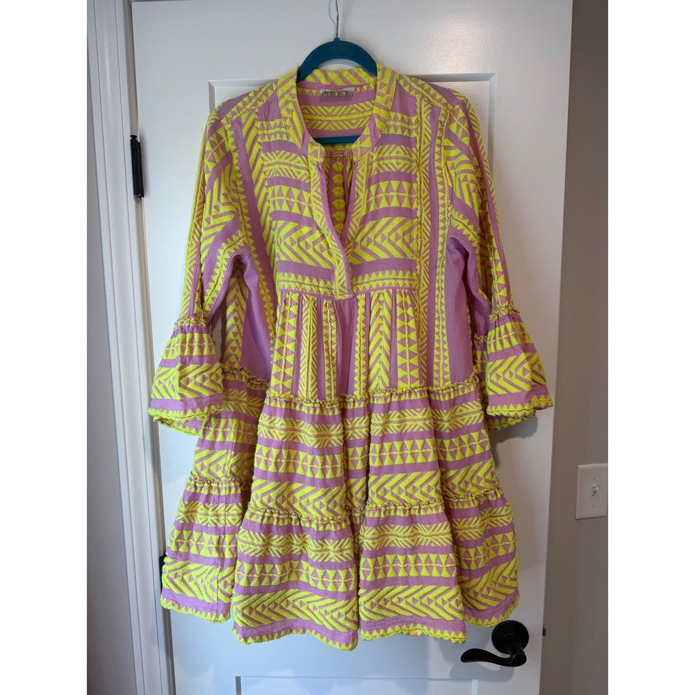Devotion Twins Ella Pink Neon Yellow Geometric Jacquard Tiered Mini Dress Large